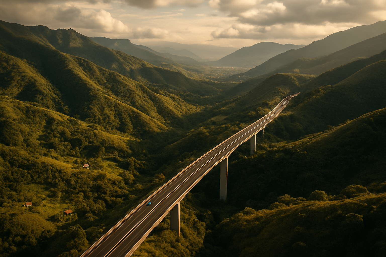 Autopista colombiana moderna atravesando monta&ntilde;as andinas verdes