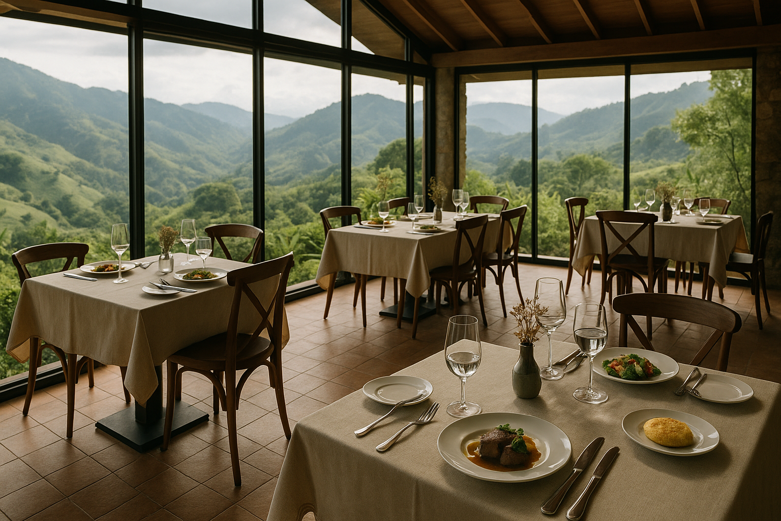 Interior de restaurante farm-to-table de alta gama en el Eje Cafetero