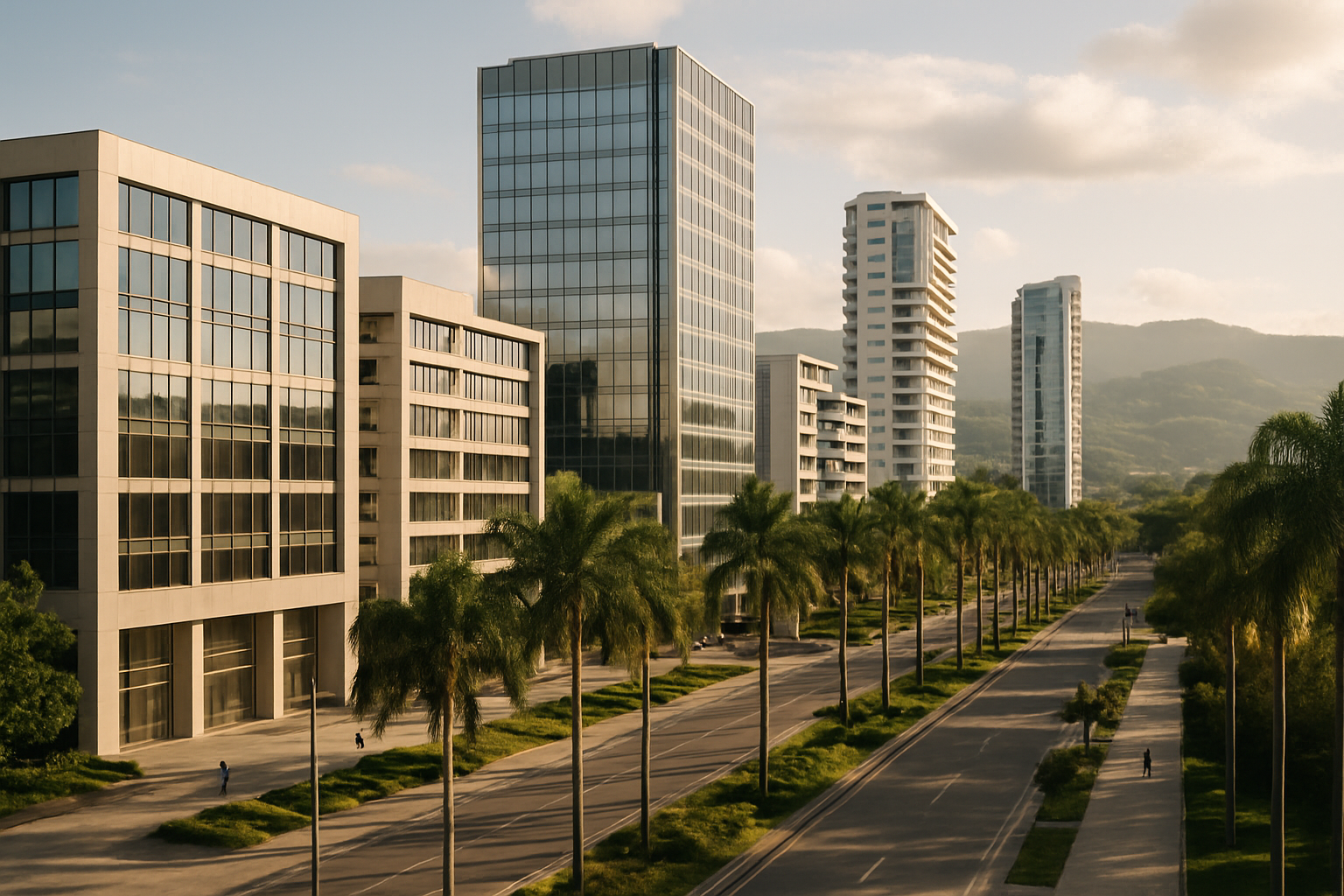 Distrito comercial moderno de Pereira con las colinas verdes del Eje Cafetero