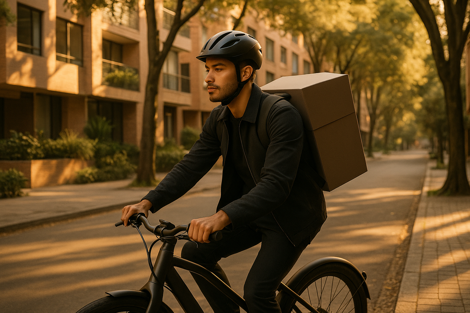 Repartidor moderno en bicicleta el&eacute;ctrica en un barrio de Bogot&aacute;