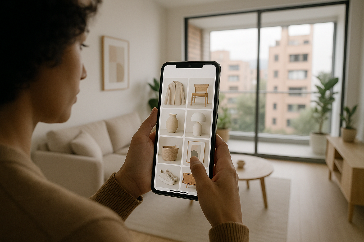 Persona navegando una aplicaci&oacute;n de marketplace en un smartphone