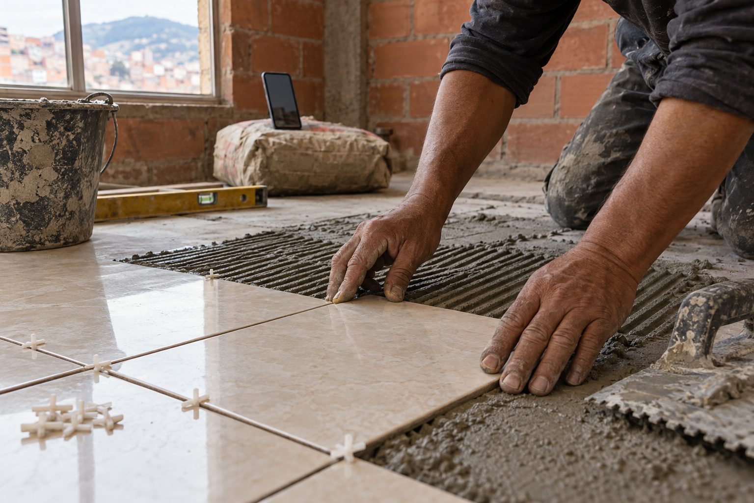 Manos de un enchapador asentando una baldosa de cerámica sobre pegante, con crucetas, nivel y balde en una vivienda de ladrillo en obra