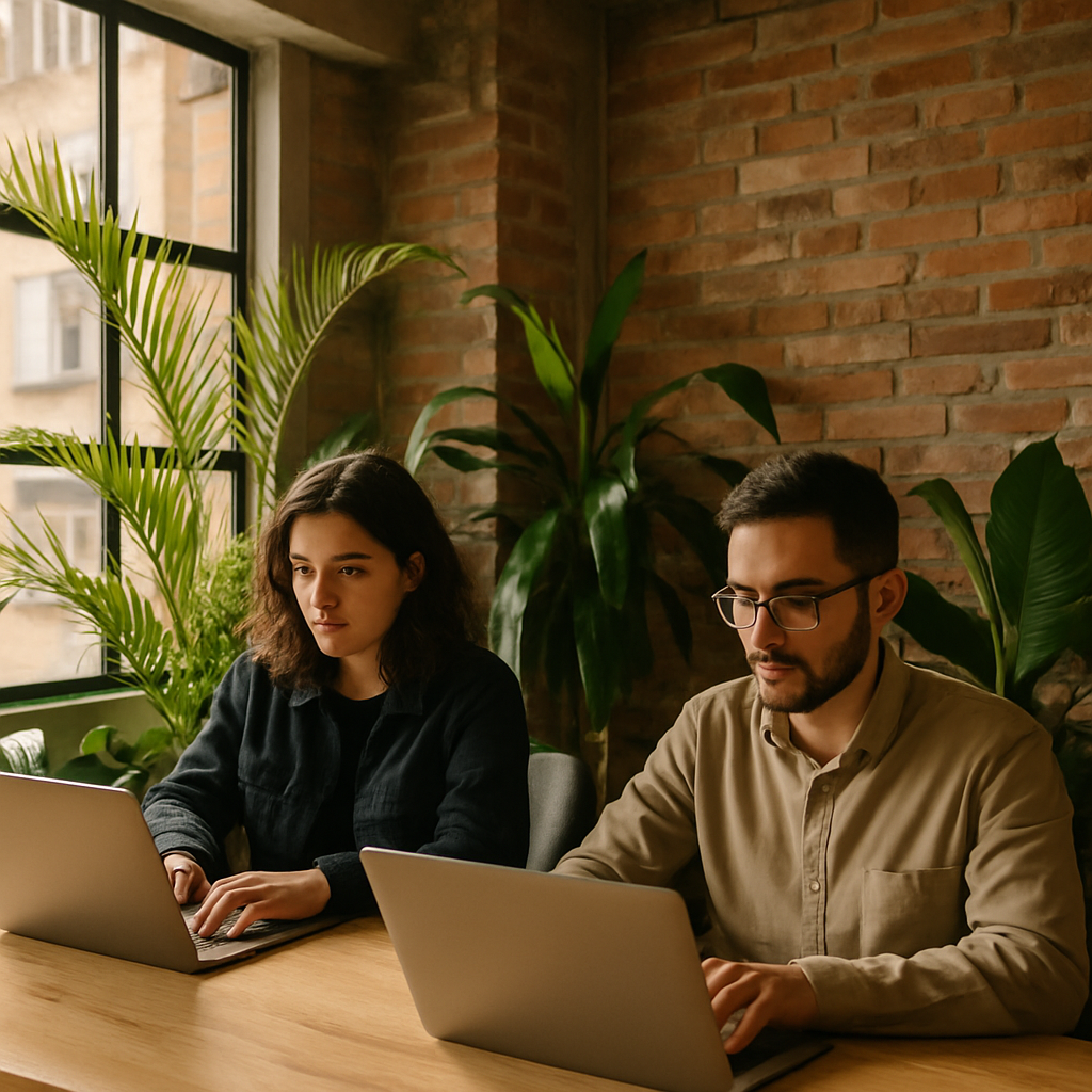 Espacio de coworking moderno en Bogotá con fundadores trabajando en laptops